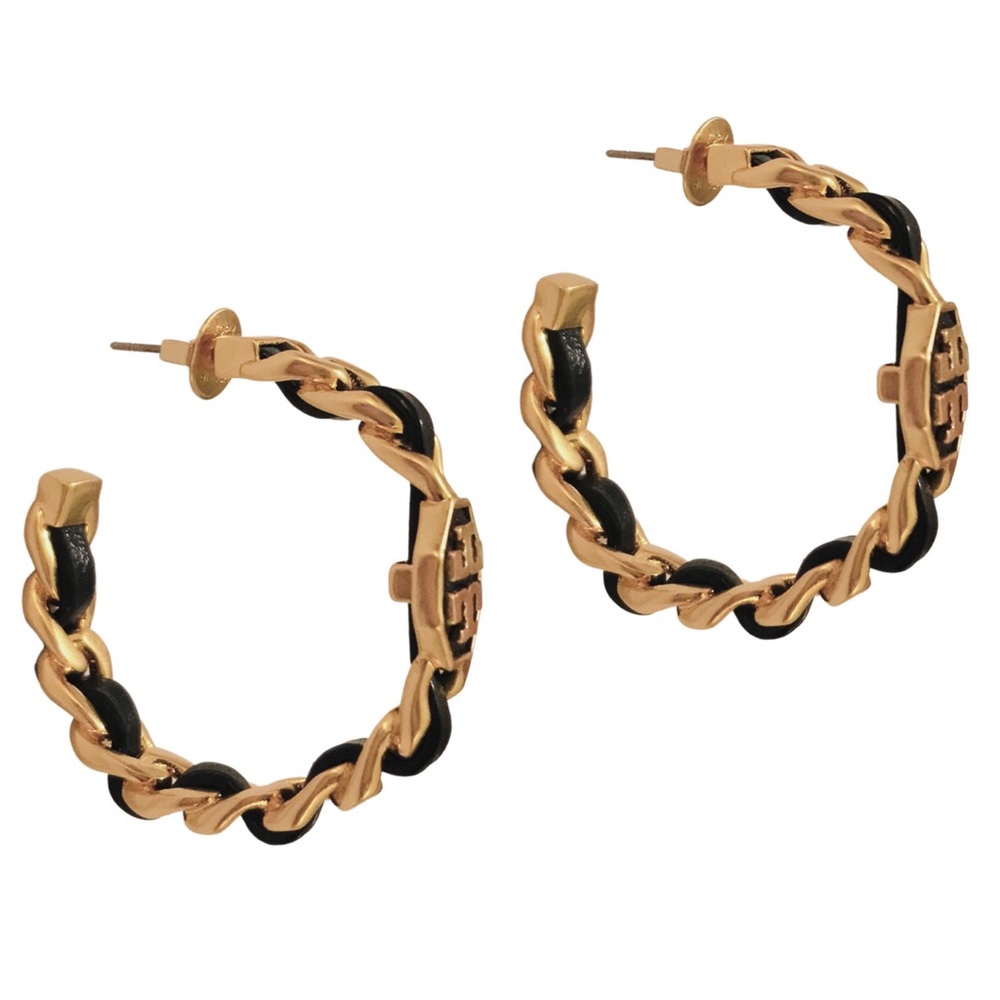 TORY BURCH • Black Marion Woven Hoop Earrings - Picture 3 of 7